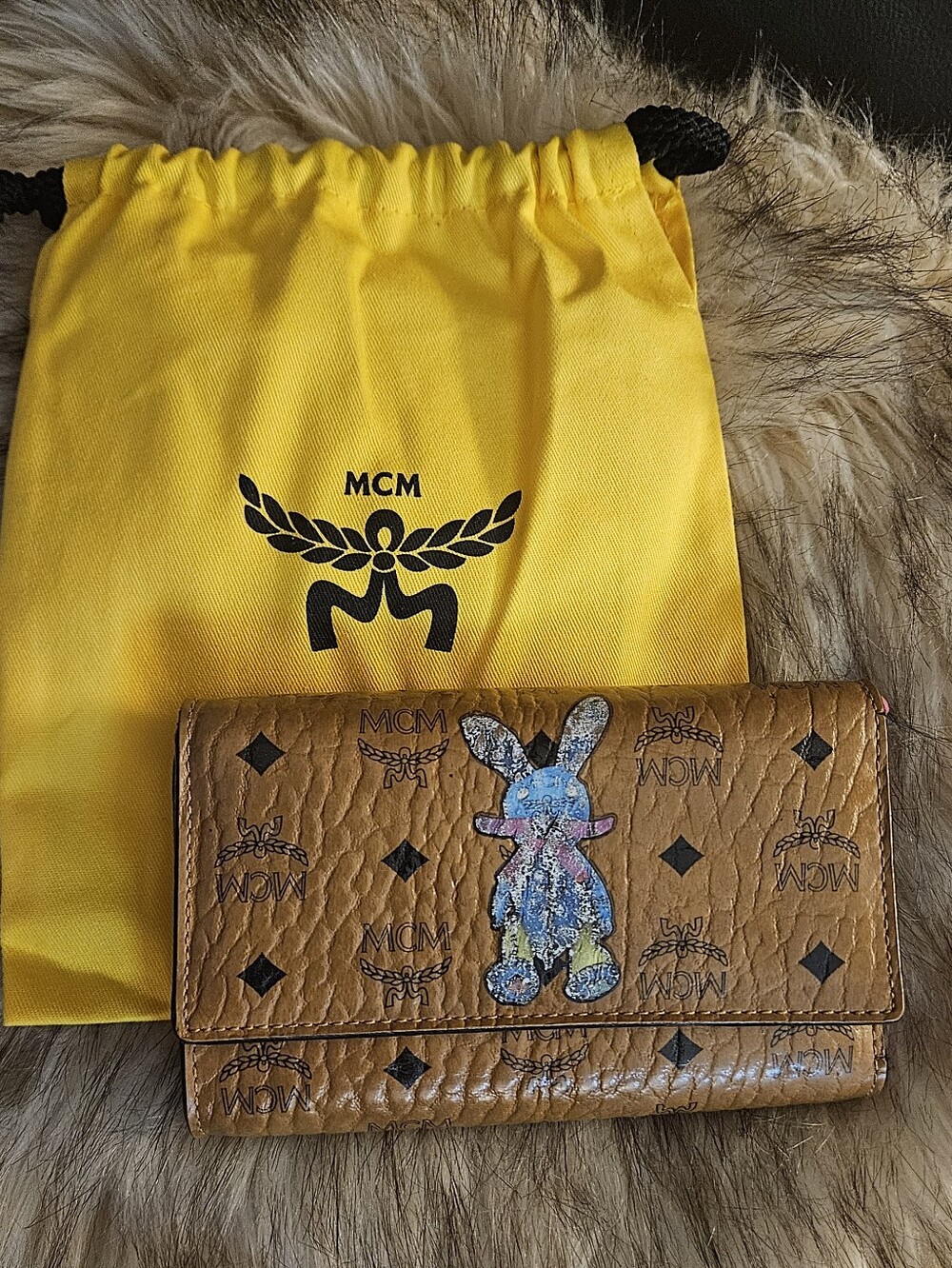 MCM Brown Visetos Wallet with Colorful Bunny Motif
